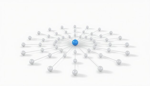 Central blue sphere linked to radial network of white spheres with connection communication technology abstract structure internet connectivity business information organization interaction