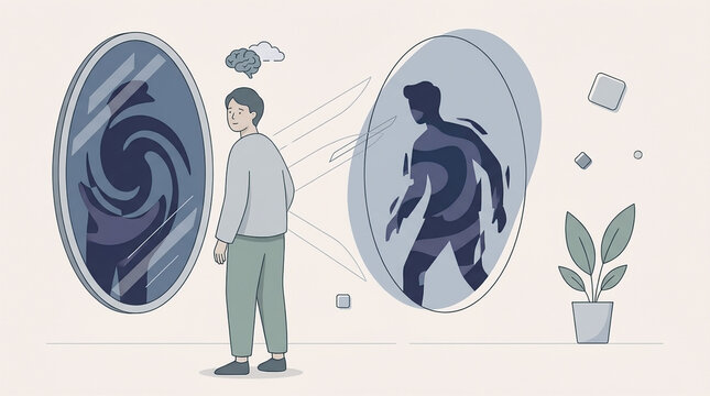 Illustration of a person facing distorted reflections, symbolizing self-perception, identity, insecurity, inner conflict, and mental health