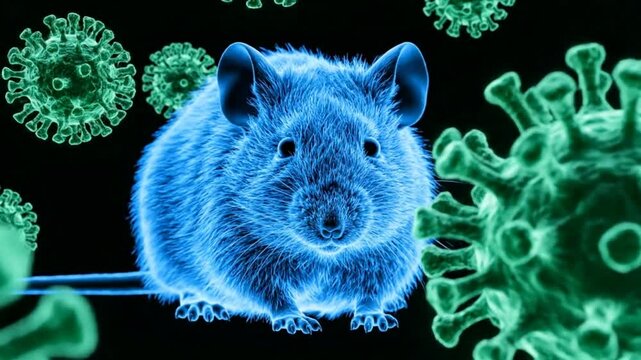 A glowing blue mouse is surrounded by floating green virus cells in a dark digital space.