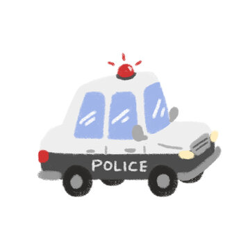 Cute cartoon police car with red siren light in childlike crayon drawing style