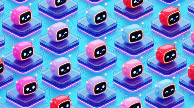 3D Isometric Robot Pattern with Cute Neon Display Bots on Platforms