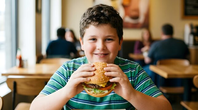 Happy young boy eating a delicious cheeseburger in a restaurant.
