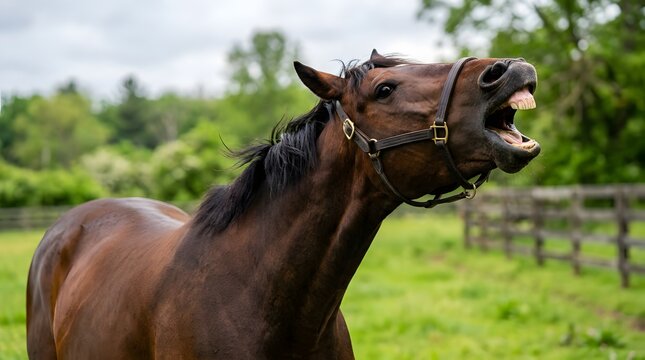 Funny brown horse with mouth open in a green pasture.