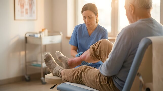Professional nurse examining elderly patient leg in medical clinic.