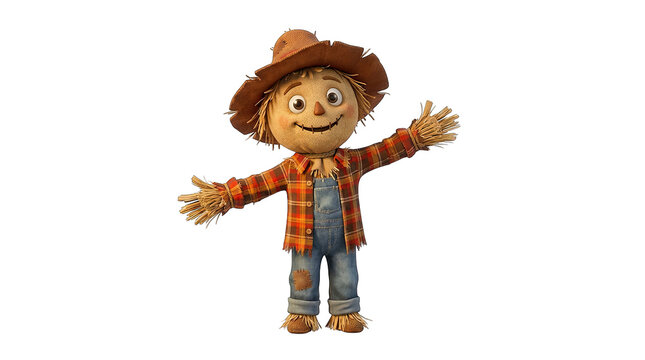 Cute cartoon scarecrow character wearing a plaid shirt for a fun halloween celebration isolated on transparent background
