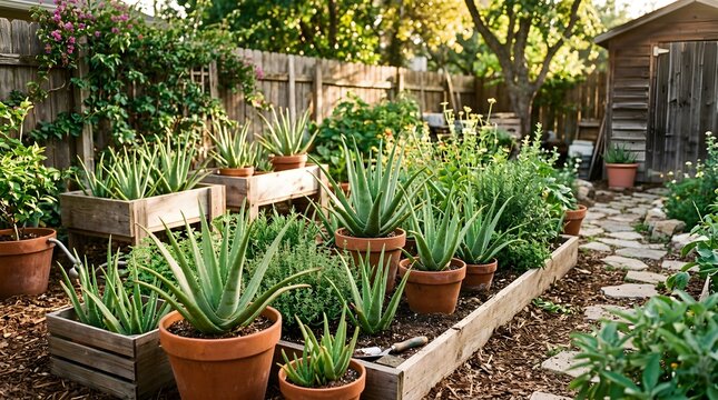 Lush Backyard Garden Featuring Potted Aloe Vera Plants and Raised Wooden Planter Beds.