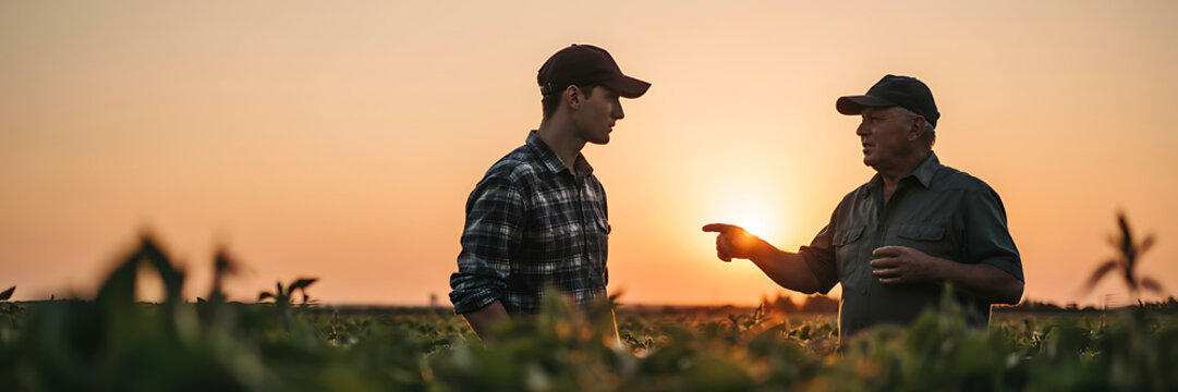 Two male farmers wearing caps and plaid shirts standing in a soybean field at sunset while one points towards the horizon during a discussion