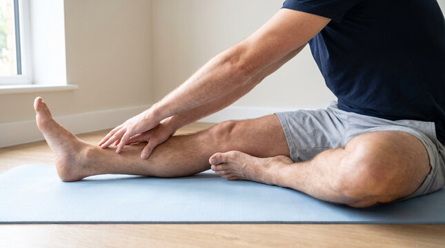 Medicine, rehabilitation. Man stretching hamstring on exercise mat