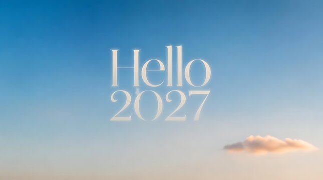 Hello 2027 text on a soft blue sky background with clouds.