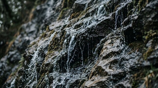 Water trickling down a dark mossy rock face in nature.