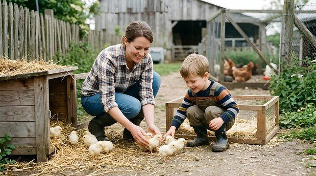 Mother and son playing with baby chicks on a farm.