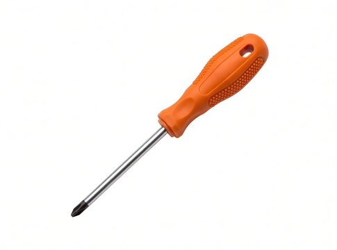 Phillips screwdriver, with orange handle floating on a clean isolated pure white background.