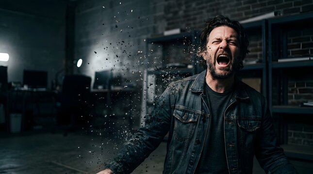 Angry man screaming in a dark industrial office setting.