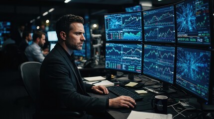 Fototapeta premium Professional male financial trader in a suit monitoring real-time stock market data and complex financial charts on multiple computer monitors