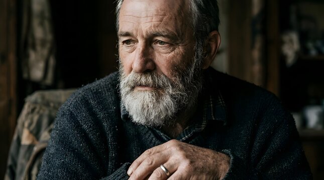 Portrait of a thoughtful senior man with a gray beard sitting indoors.