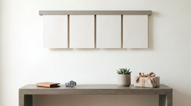 Four blank picture frames hanging on a wall above a wooden console table