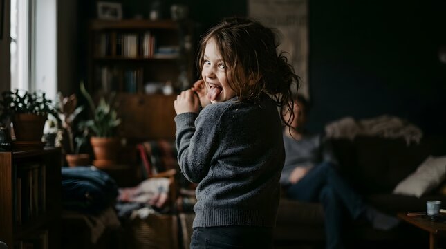 Young girl eating a snack at home in a cozy living room.