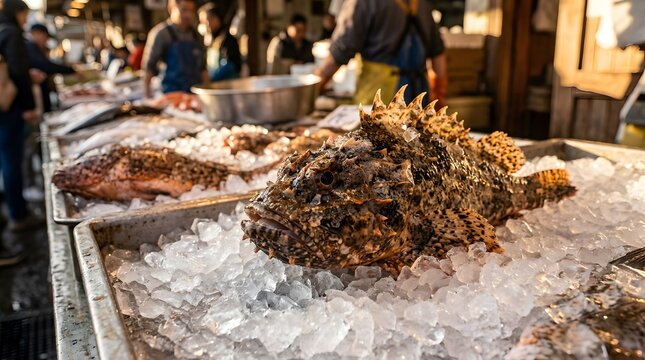 Fresh scorpionfish displayed on crushed ice at a busy local fish market.