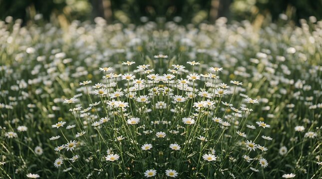 Symmetrical pattern of white daisy flowers in a lush green meadow.