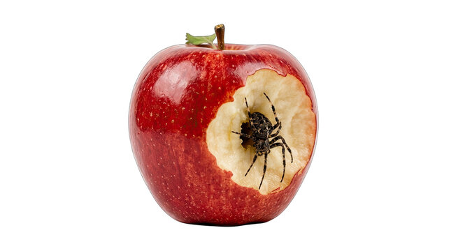 A spooky red apple with a spider inside for halloween celebration isolated on transparent background