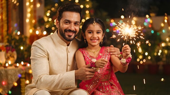 Father and daughter celebrating diwali with a sparkler at home