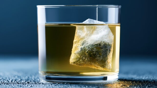 A tea bag steeping in a glass of hot water, creating a soothing beverage. The golden liquid and clear glass showcase the brewing process