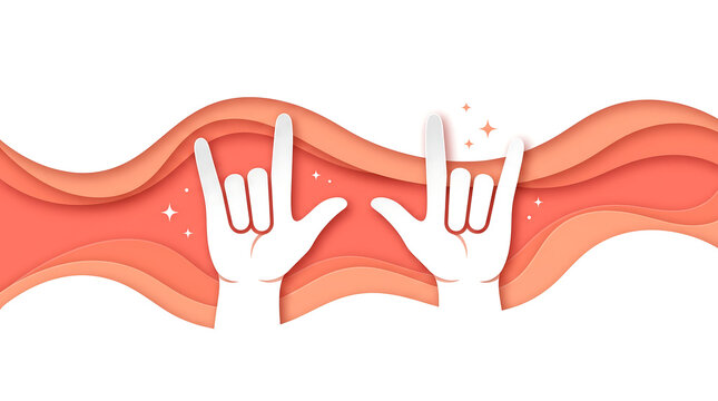 Wide horizontal flat-vector paper-cut banner for International Day of Sign Languages featuring two hands forming the "I LOVE YOU" sign on pure white background