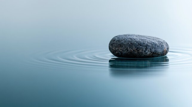 A single dark grey stone rests serenely on calm blue water, creating gentle ripples around it. The serene scene evokes peace and tranquility