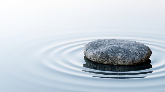 A single, smooth stone rests on calm, rippling water, creating a serene and tranquil scene