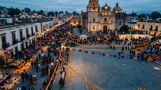 Bustling colonial town square at twilight with festive decorations and cathedral.