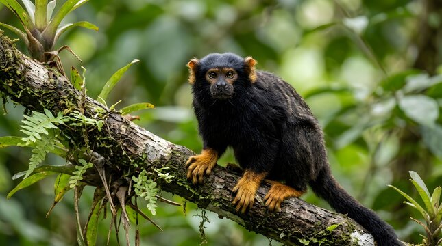 Small Midas Tamarin Monkey Perched on a Mossy Tree Branch in the Amazon Rainforest.