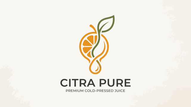 Organic citrus fruit cold pressed juice logo design featuring a fresh orange slice and leaf vector illustration for healthy beverage branding