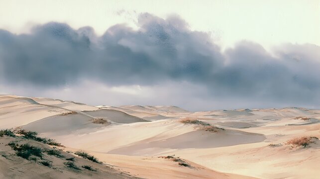 Serene desert watercolor illustration evokes tranquility vastness and quiet resilience under cloudy skies