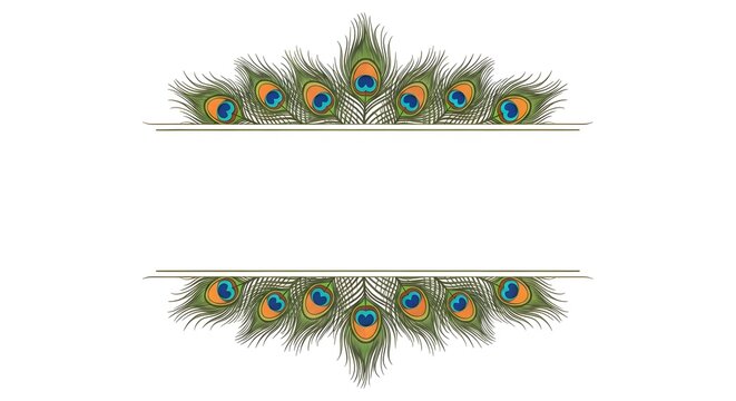 Colorful peacock feather border framing white copy space