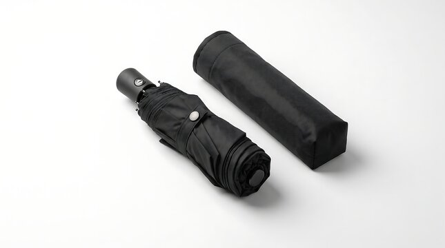 A black compact umbrella with its storage case laid out on a white surface
