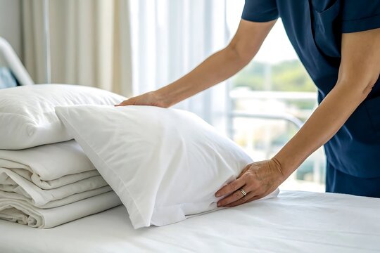 Hotel housekeeper making bed and arranging white pillows in modern hotel room with bedmaking housekeeper hospitality