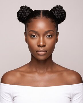 Woman Double Bun Braided Hairstyle Studio Beauty Portrait