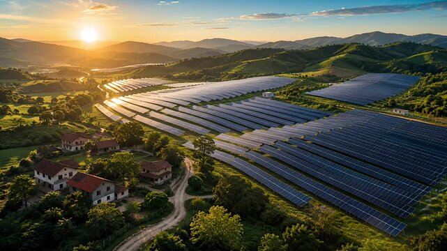 solar farm at sunset over rolling hills with solar panels, renewable energy landscape