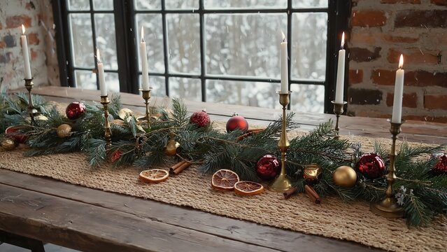 Festive rustic table with candles and greenery
