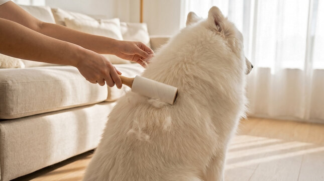 White Samoyed dog sitting calmly, fluffy coat groomed with lint roller in bright living room. Samoyed dog sitting calmly demonstrates calm temperament, patient behavior during pet care.