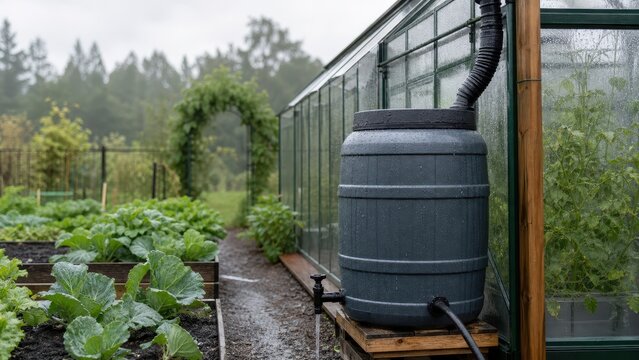 Rainwater Harvesting System with Barrel in a Lush Vegetable Garden Amidst Greenhouse