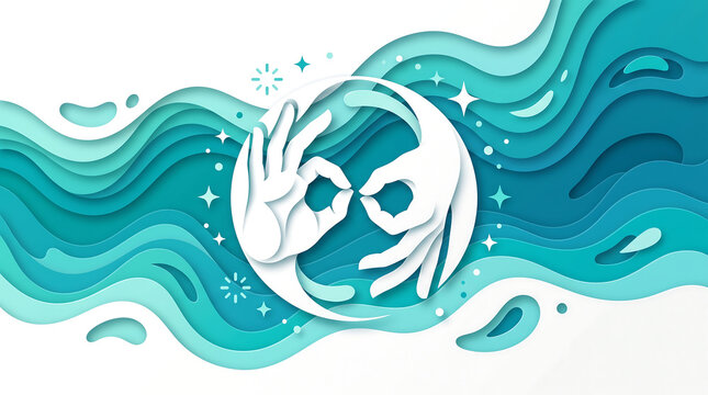 Wide horizontal flat-vector paper-cut banner for International Day of Sign Languages featuring two hands forming a circular unity symbol on pure white background