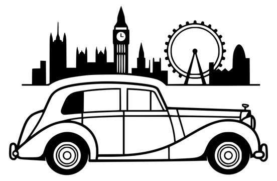 Vintage car silhouette driving past London landmarks with Big Ben and Ferris wheel in background
