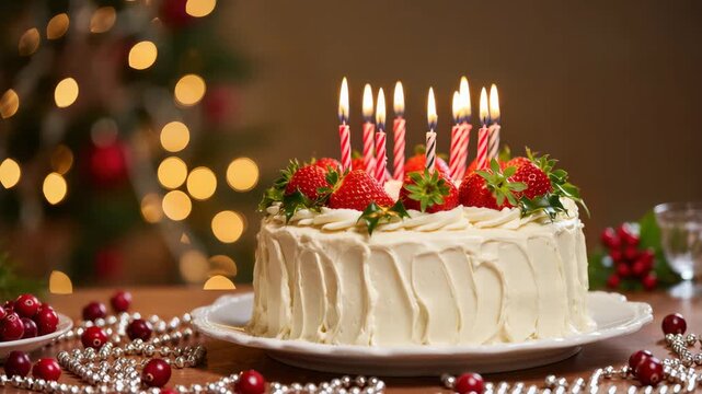 Strawberry-topped Christmas cake with white icing and burning candles on a decorated table with bokeh lights. Festive dessert for winter celebrations. Holiday party mood.