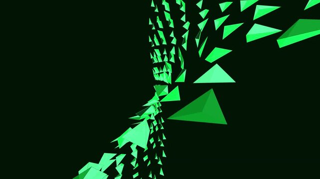 Abstract background featuring rotating geometric green triangles forming a flowing structure against a dark backdrop