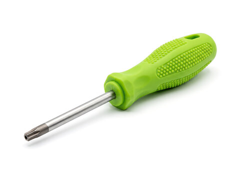 Torx screwdriver with lime green silicone handle, on a clean isolated pure white background