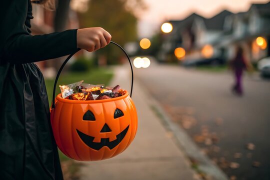 Child holding orange pumpkin trick or treat pail filled with candy on neighborhood street at twilight, jack o lantern
