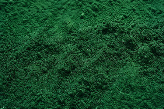 Organic spirulina powder texture, dark green chlorella superfood background, nutritious herbal supplement powder close-up