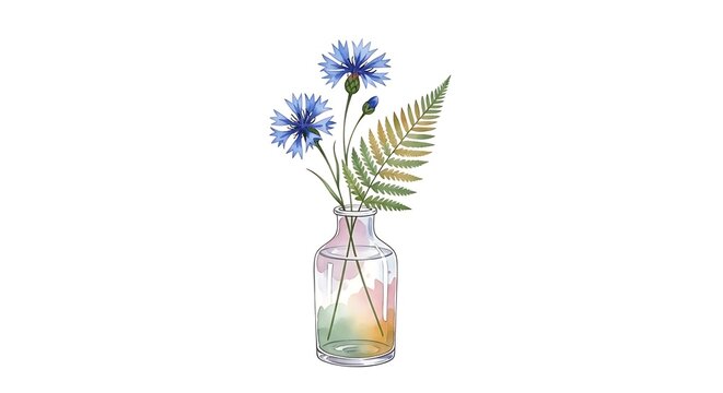 Watercolor illustration of purple knapweed cornflowers and green fern leaves in a small glass vase isolated on a white background