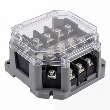 Generic industrial electric power distribution terminal splitter block isolated on white.